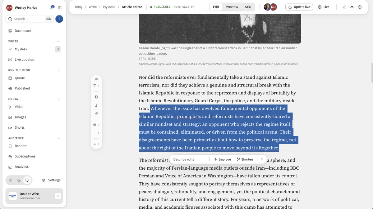 A passage selected in the Inkly editor with the inline assist bar open beneath it: a Describe edits field, an Improve button and a Shorten button.