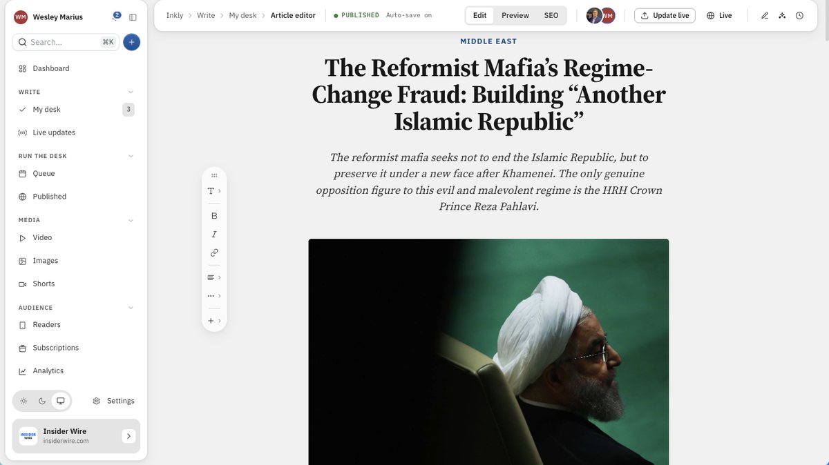 The Inkly article editor with a published story open: the newsroom sidebar, a breadcrumb and status bar, the floating formatting toolbar, and the story's kicker, headline, dek and cover photo in the canvas.